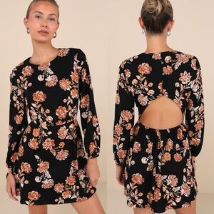Lulus | Darling Simplicity Black Floral Linen Cutout Mini Dress